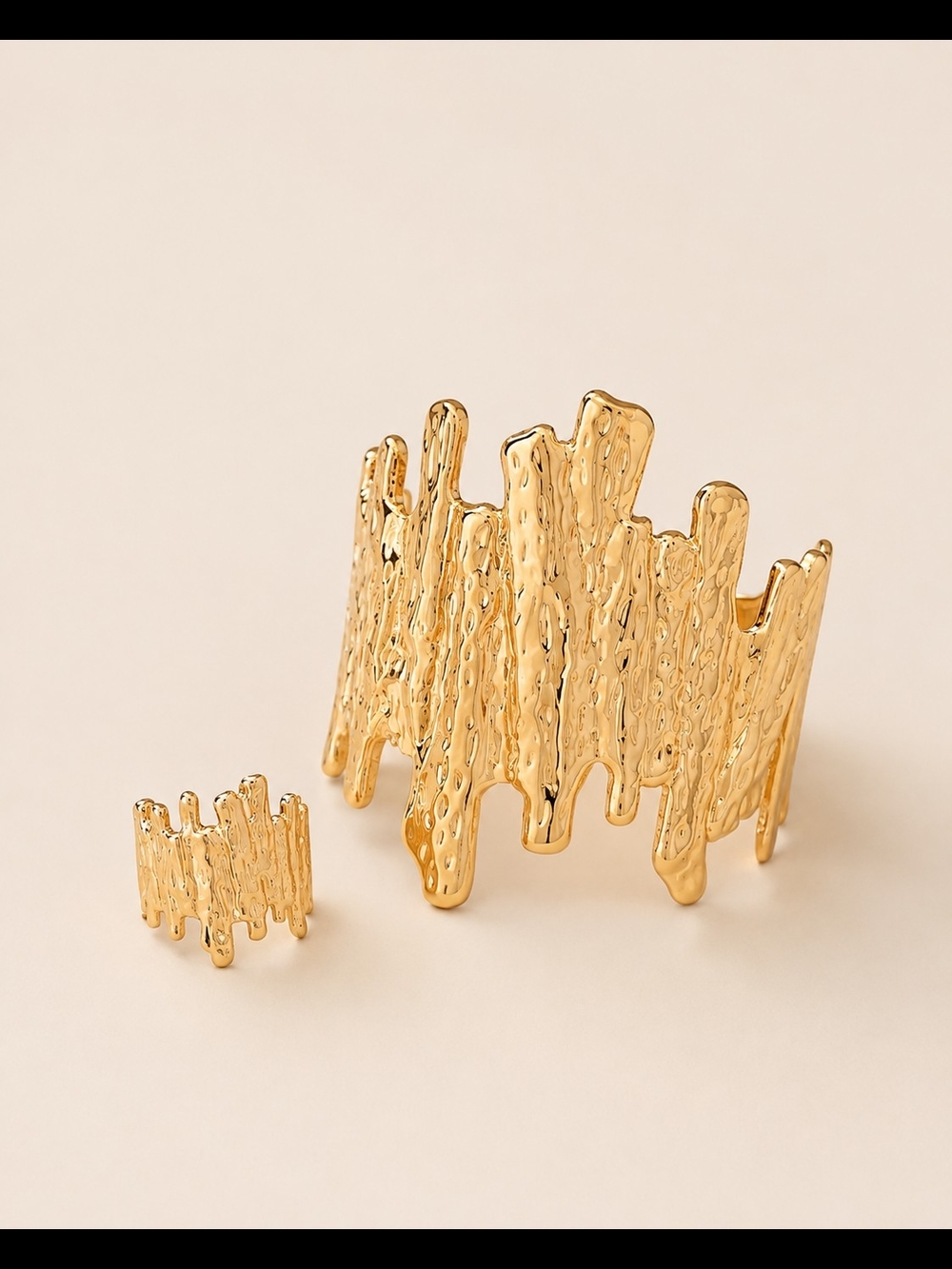 Gold Textured Statement Cuff Bracelet and Ring - Women Jewelry - Picture 6 of 6